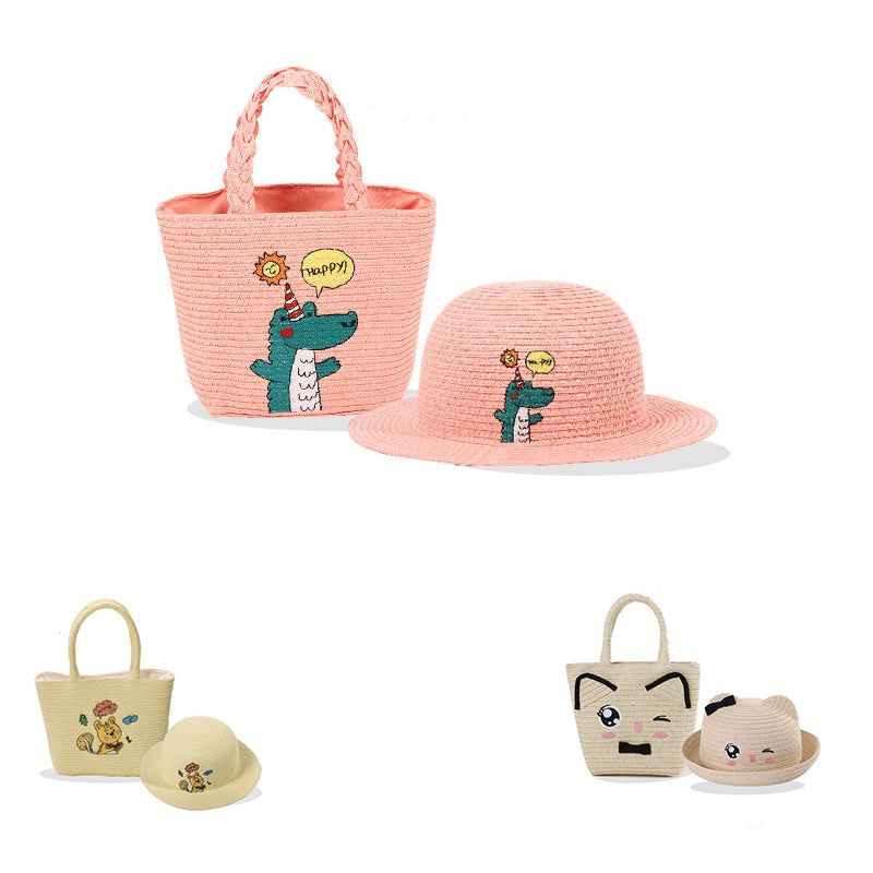 Girls Straw Bag Hat Set Embroidery Charm