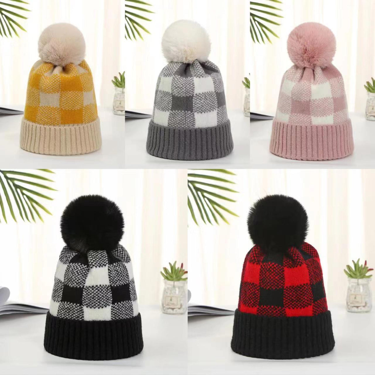 Plaid Beanie With Pompom