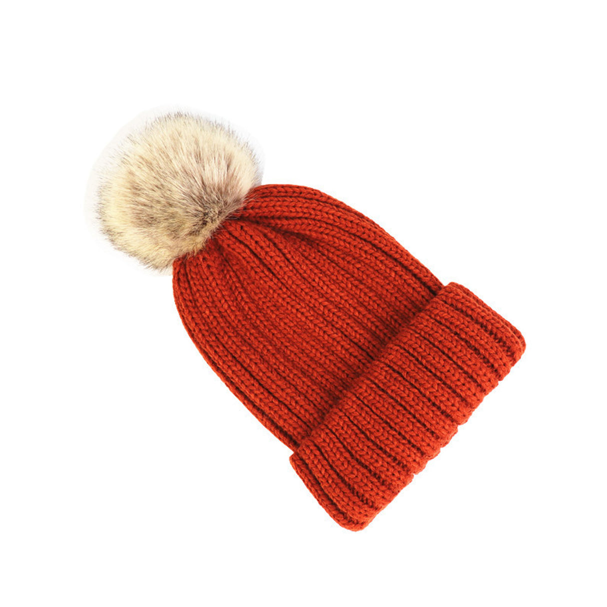 Knitted Beanie With Faux Fur Pom