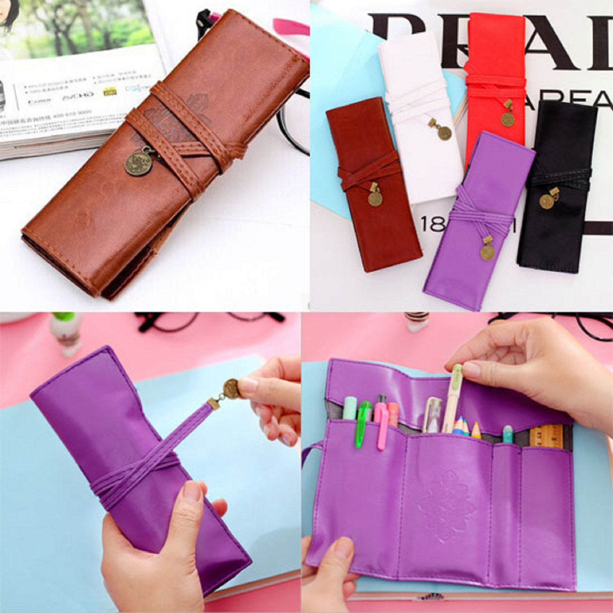 Pu Leather Pen Bag Pencil Makeup Case