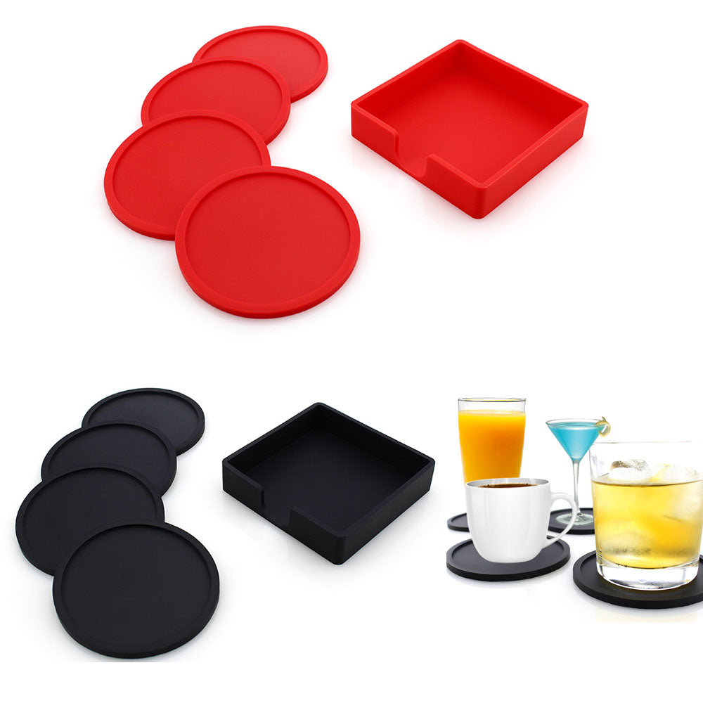 Set Of 4 Silicone Coasters With Holder